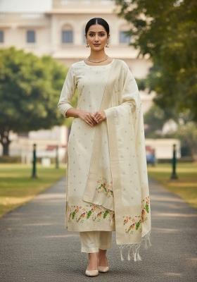 White Zari Work Banarasi Silk Dress Material