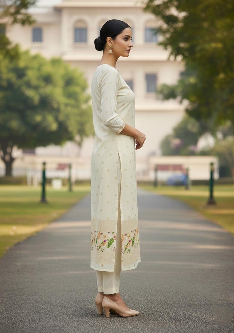 White Zari Work Banarasi Silk Dress Material - Indya