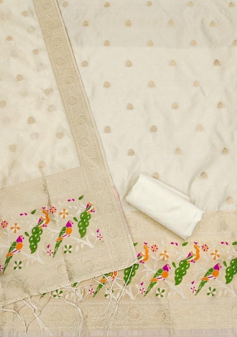 White Zari Work Banarasi Silk Dress Material - Indya