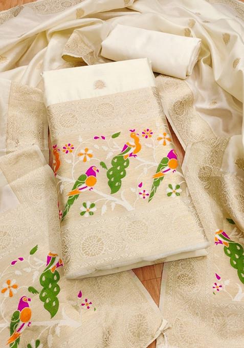 White Zari Work Banarasi Silk Dress Material