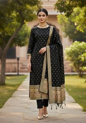 Black Zari Work Banarasi Silk Dress Material