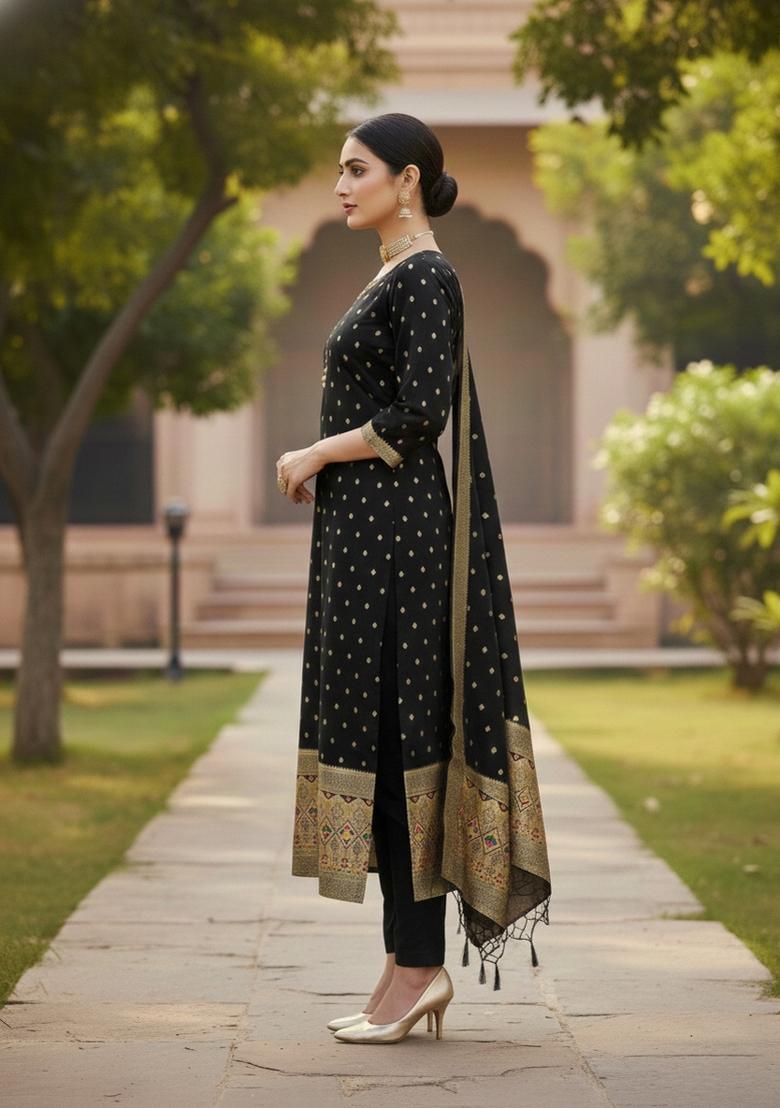 Black Zari Work Banarasi Silk Dress Material - Indya