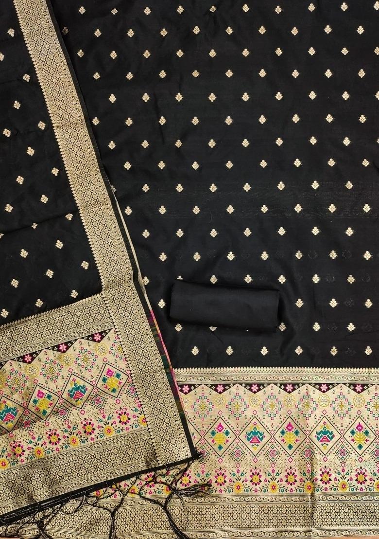 Black Zari Work Banarasi Silk Dress Material - Indya