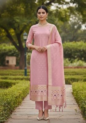 Baby Pink Zari Work Banarasi Silk Dress Material