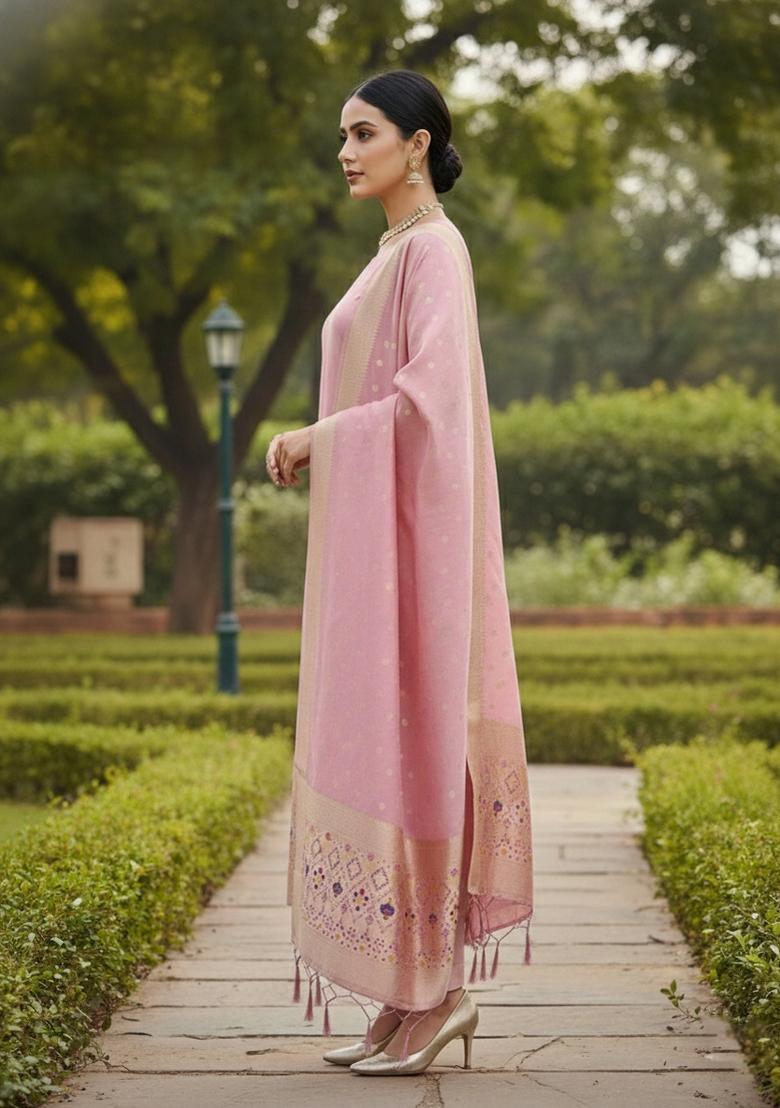 Baby Pink Zari Work Banarasi Silk Dress Material