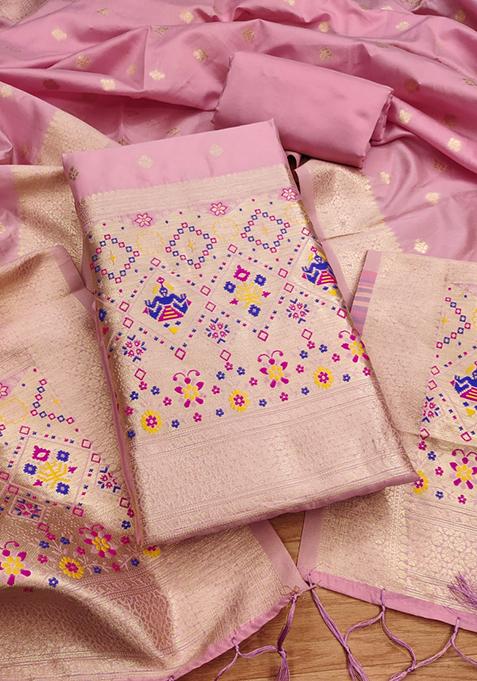 Baby Pink Zari Work Banarasi Silk Dress Material