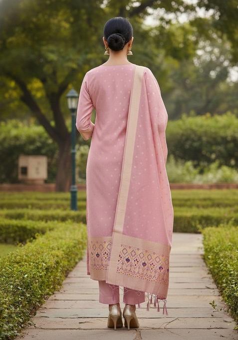 Baby Pink Zari Work Banarasi Silk Dress Material