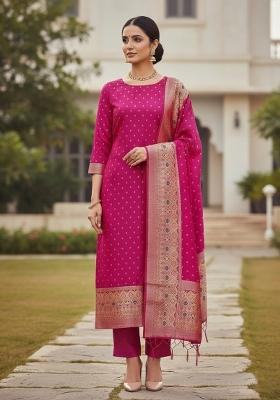 Pink Zari Work Banarasi Silk Dress Material