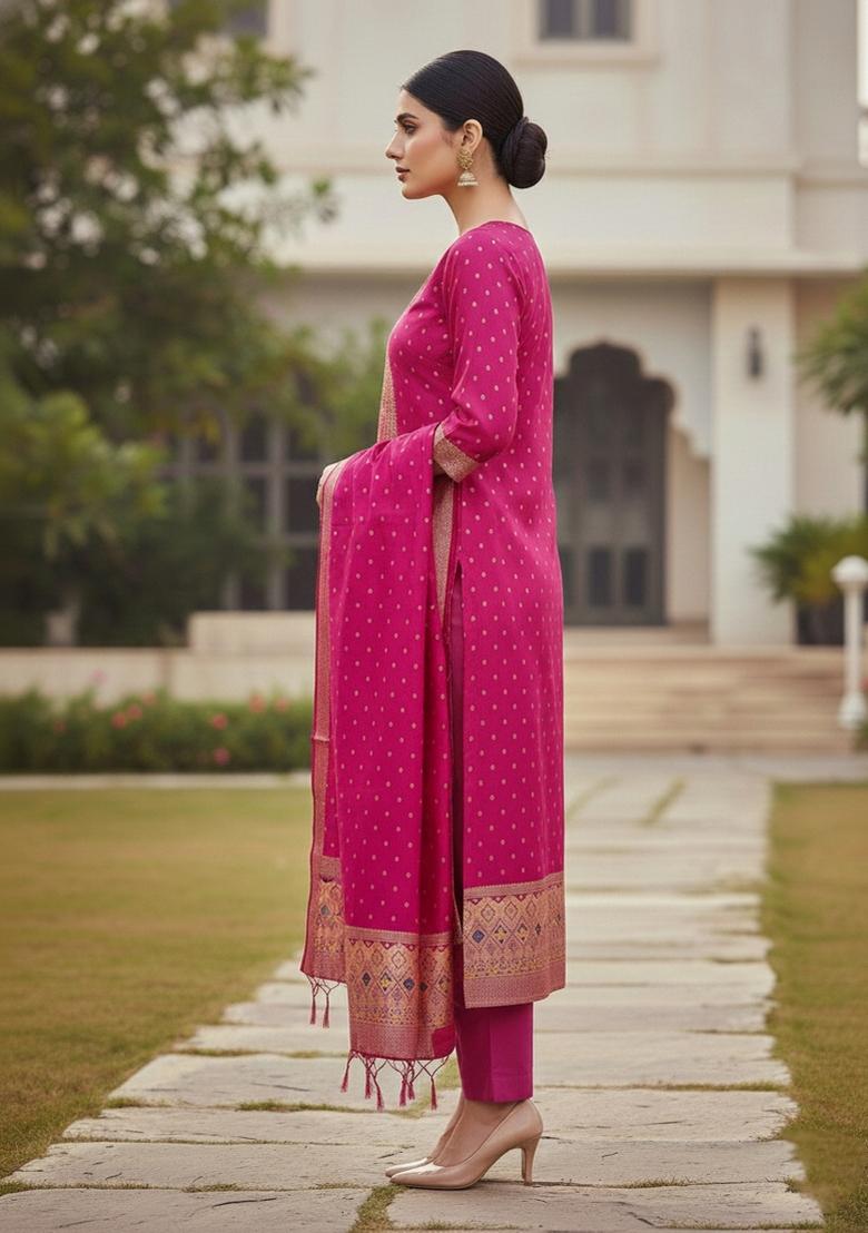 Pink Zari Work Banarasi Silk Dress Material - Indya