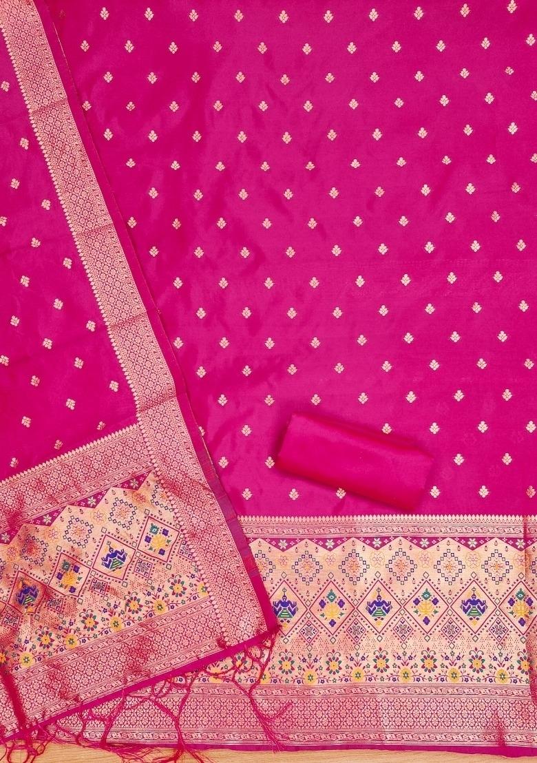Pink Zari Work Banarasi Silk Dress Material - Indya