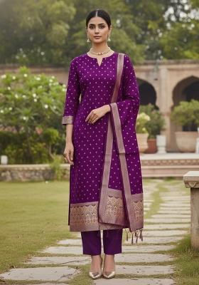 Purple Zari Work Banarasi Silk Dress Material