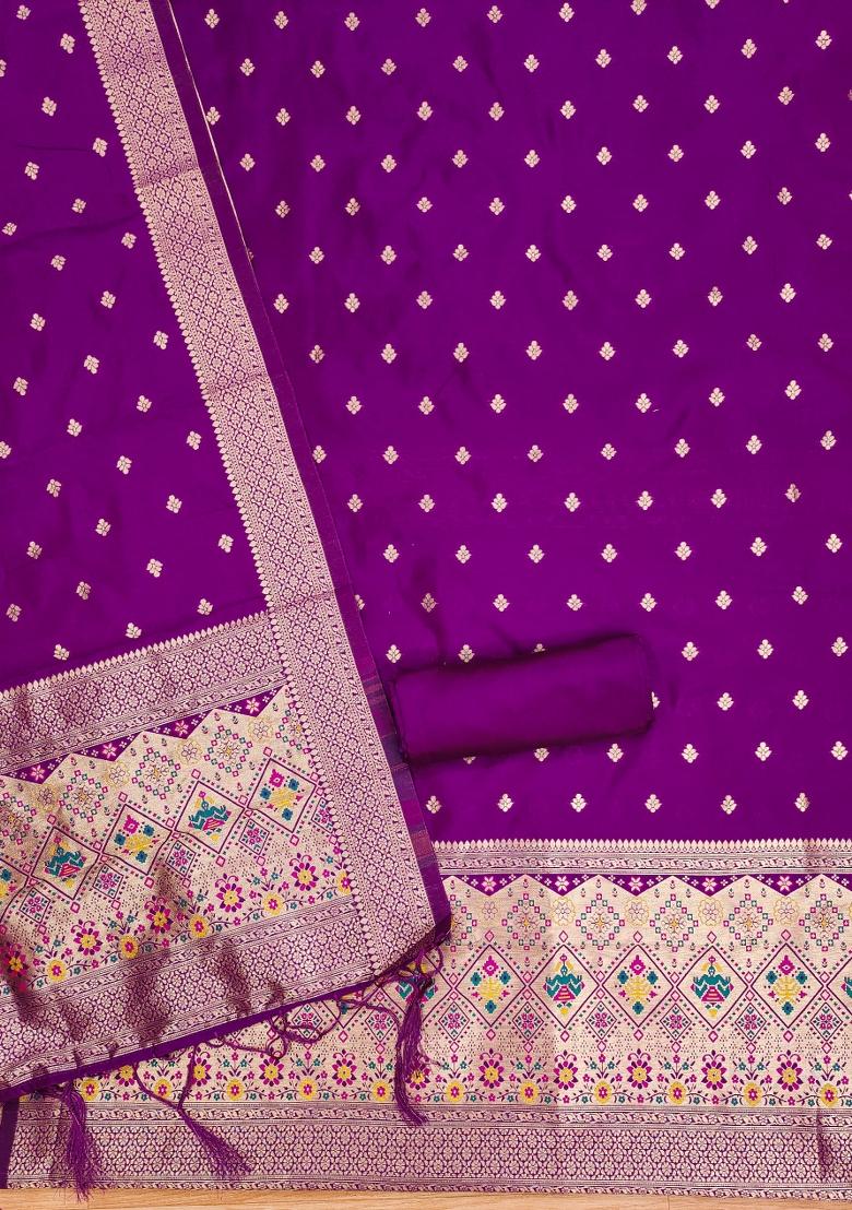 Purple Zari Work Banarasi Silk Dress Material