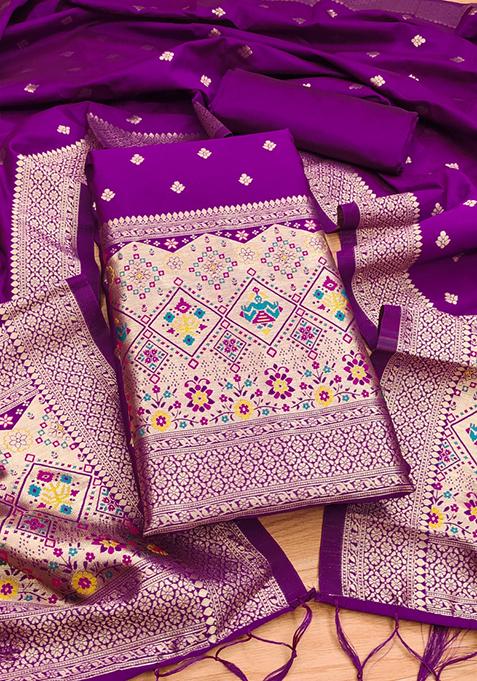 Purple Zari Work Banarasi Silk Dress Material