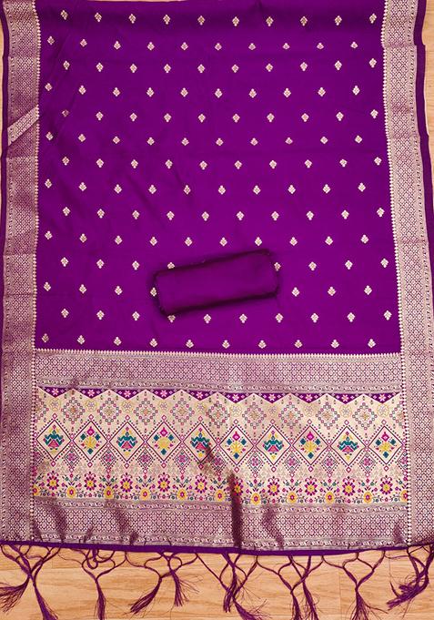 Purple Zari Work Banarasi Silk Dress Material