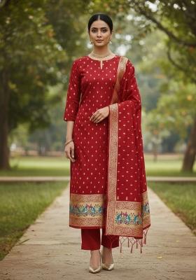 Red Zari Work Banarasi Silk Dress Material