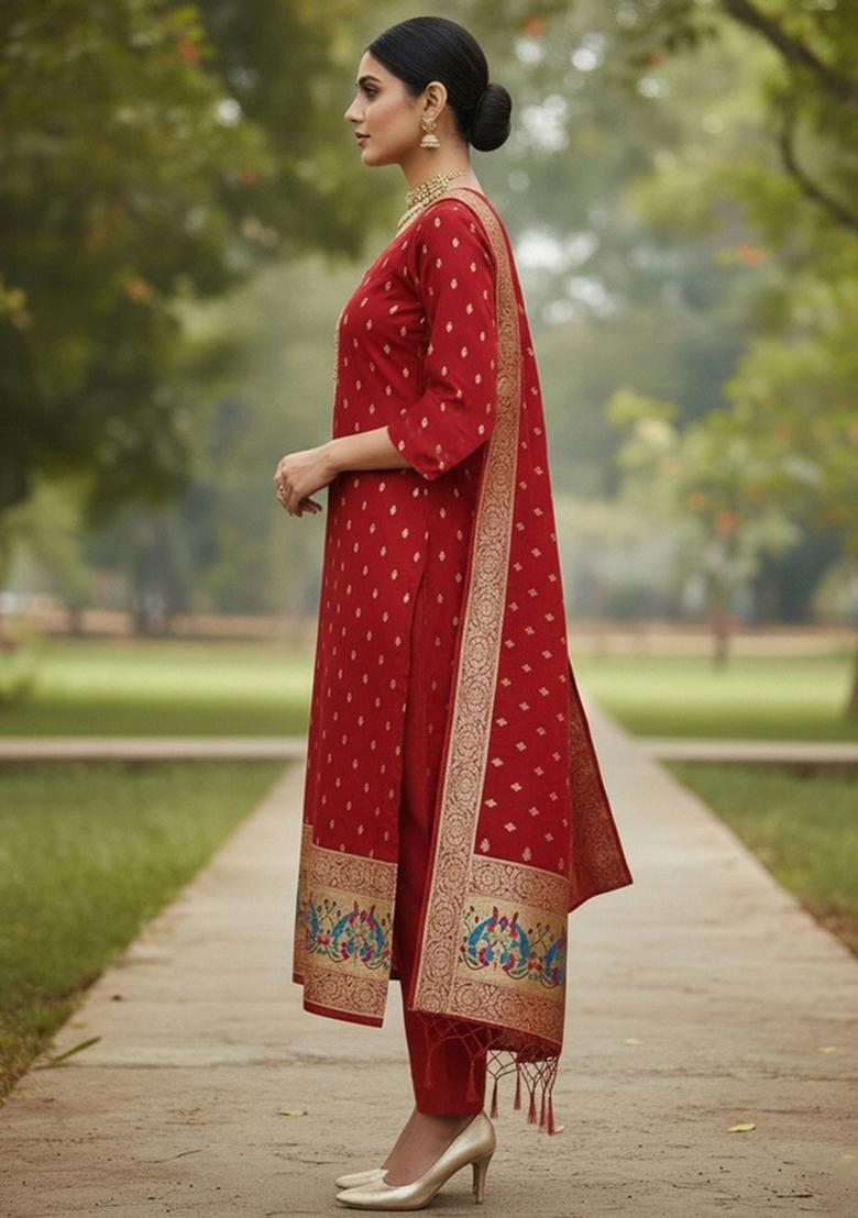 Red Zari Work Banarasi Silk Dress Material