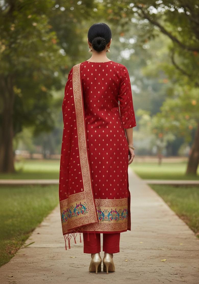 Red Zari Work Banarasi Silk Dress Material
