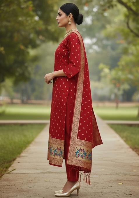 Red Zari Work Banarasi Silk Dress Material