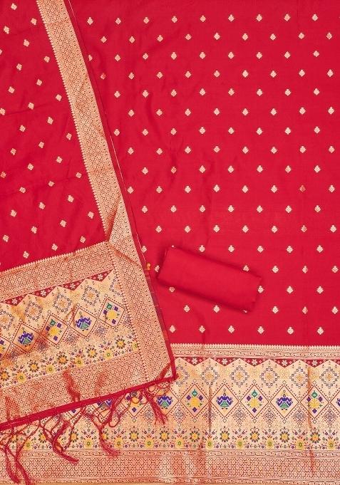 Red Zari Work Banarasi Silk Dress Material