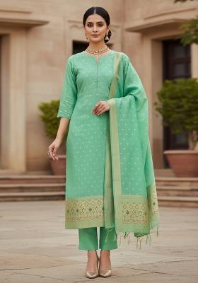 Sea Green Zari Work Banarasi Silk Dress Material