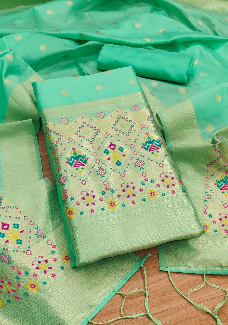 Sea Green Zari Work Banarasi Silk Dress Material