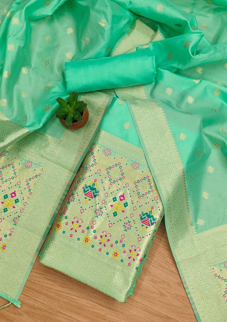 Sea Green Zari Work Banarasi Silk Dress Material