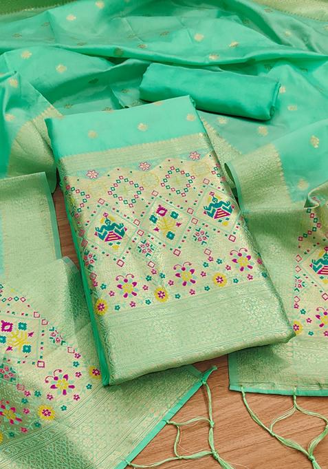 Sea Green Zari Work Banarasi Silk Dress Material