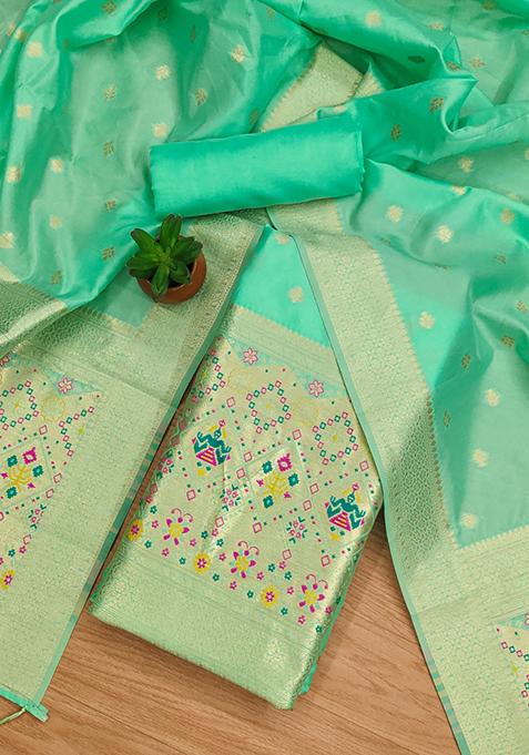 Sea Green Zari Work Banarasi Silk Dress Material