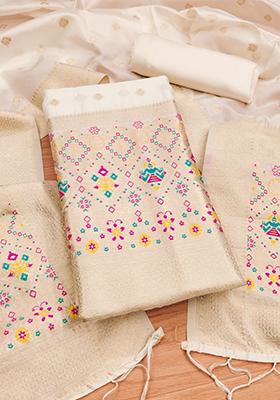 White Zari Work Banarasi Silk Dress Material