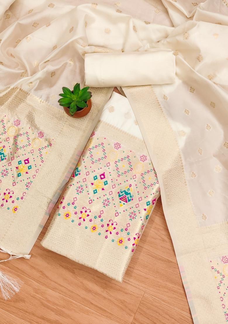 White Zari Work Banarasi Silk Dress Material - Indya
