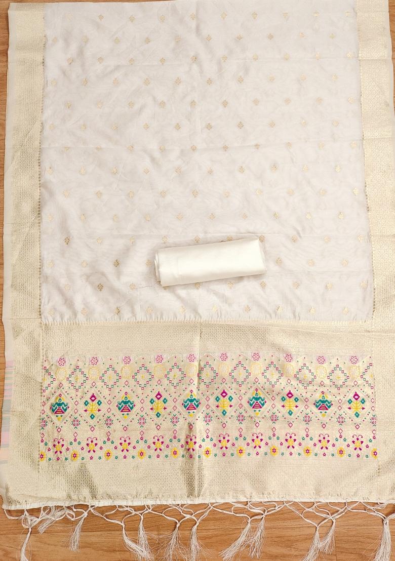 White Zari Work Banarasi Silk Dress Material - Indya