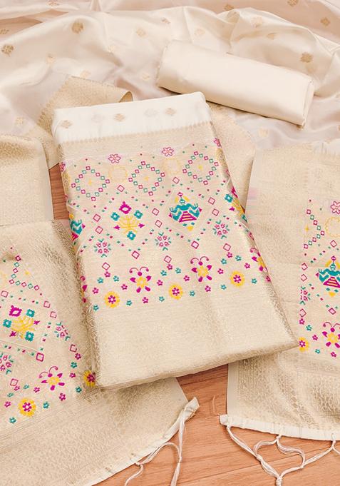 White Zari Work Banarasi Silk Dress Material
