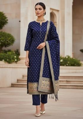 Navy Blue Zari Work Banarasi Silk Dress Material