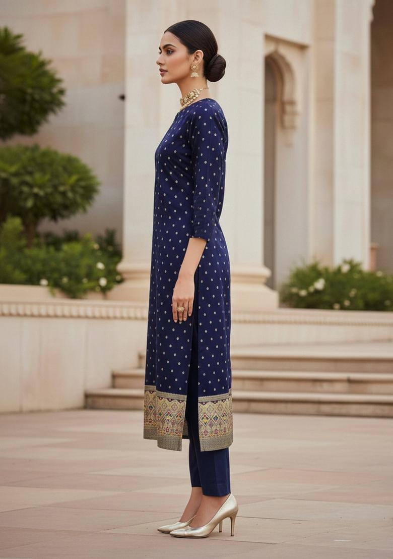 Navy Blue Zari Work Banarasi Silk Dress Material - Indya