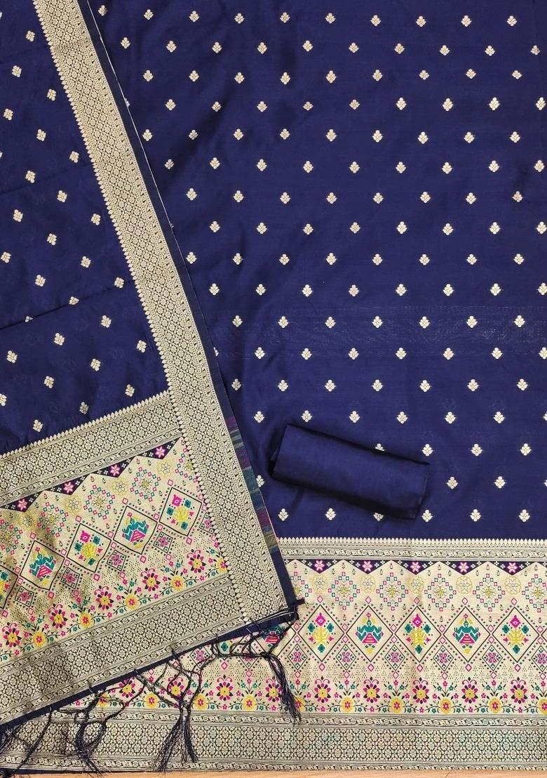 Navy Blue Zari Work Banarasi Silk Dress Material - Indya