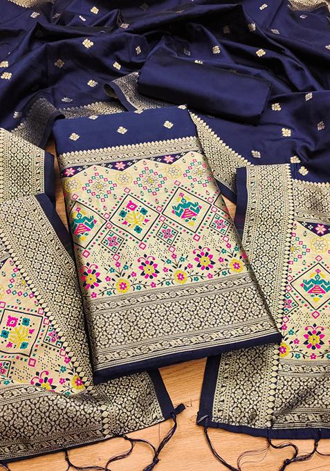 Navy Blue Zari Work Banarasi Silk Dress Material