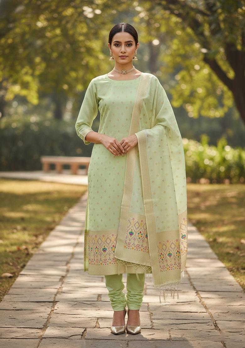 Pista Green Zari Work Banarasi Silk Dress Material