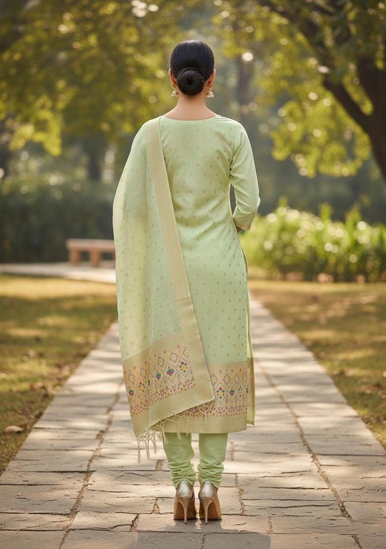 Pista Green Zari Work Banarasi Silk Dress Material