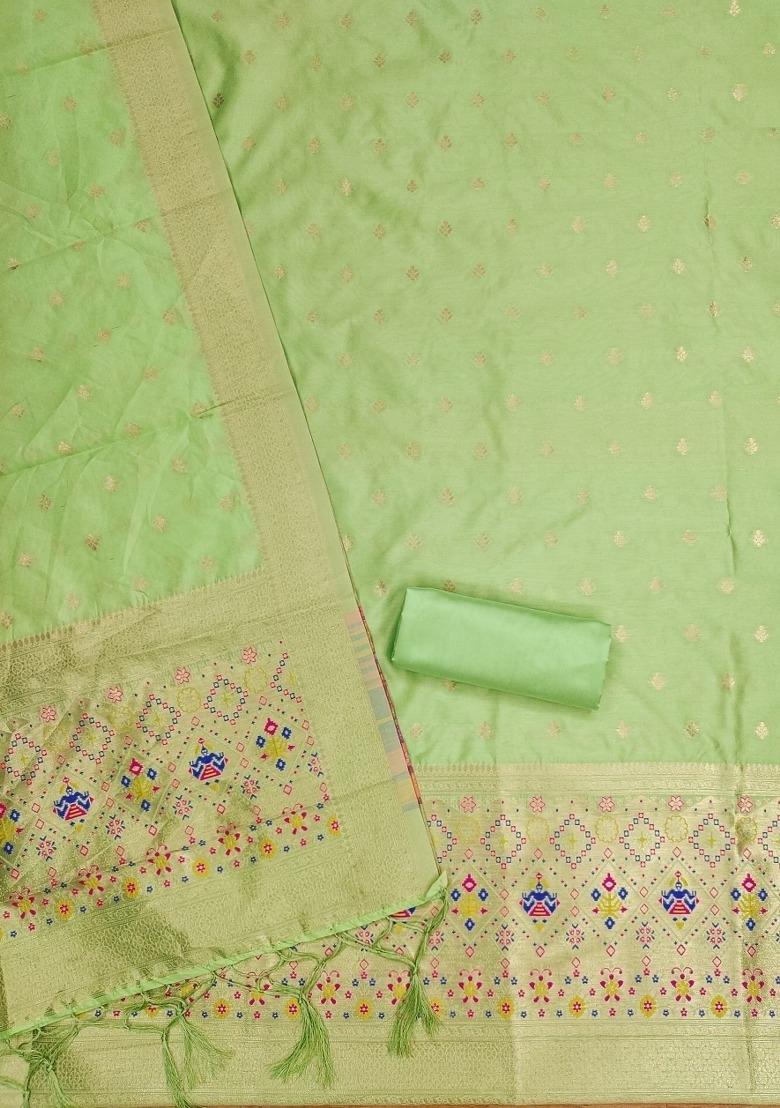 Pista Green Zari Work Banarasi Silk Dress Material