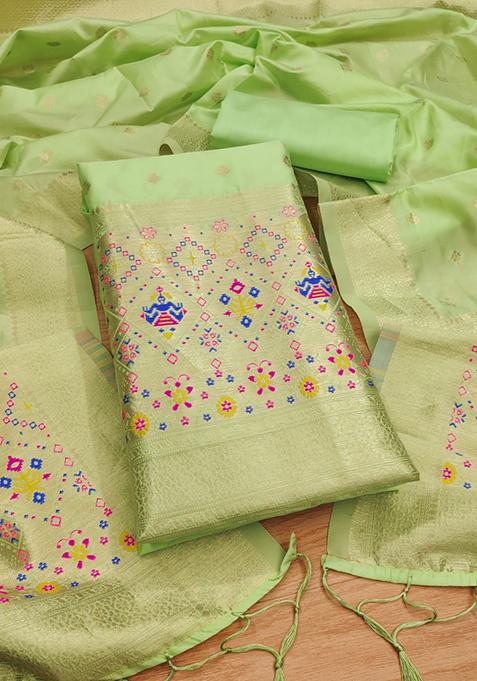 Pista Green Zari Work Banarasi Silk Dress Material