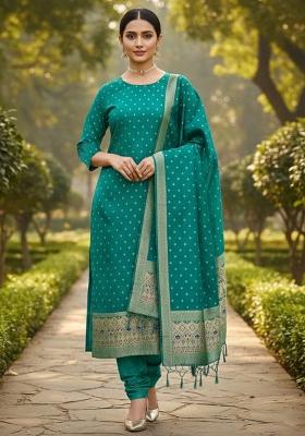 Rama Green Zari Work Banarasi Silk Dress Material