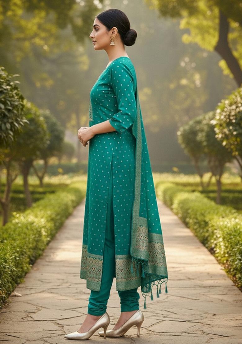 Rama Green Zari Work Banarasi Silk Dress Material - Indya