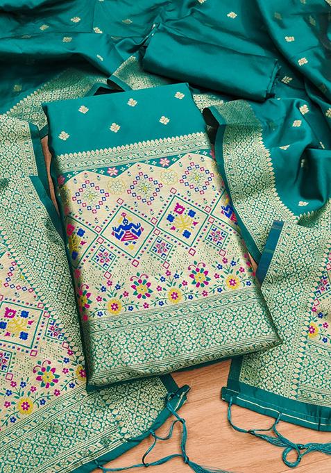 Rama Green Zari Work Banarasi Silk Dress Material