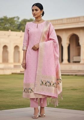 Baby Pink Zari Work Banarasi Silk Dress Material