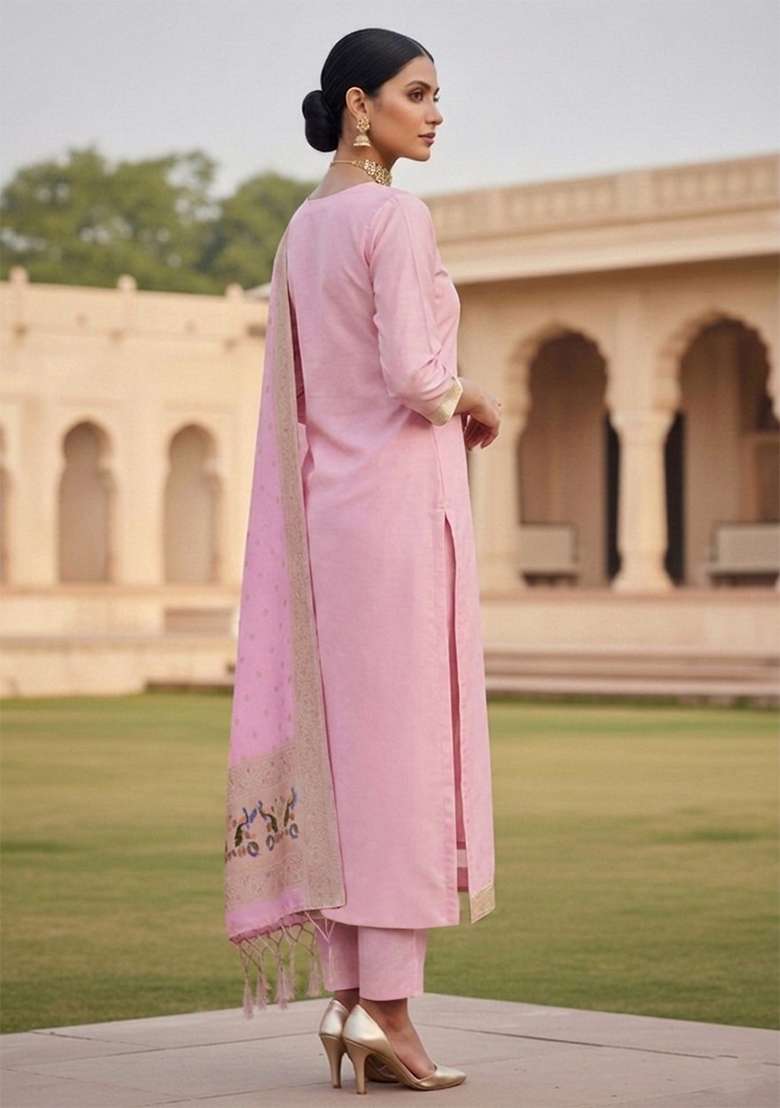 Baby Pink Jacquard Silk Blend Straight Kurta Set - Indya