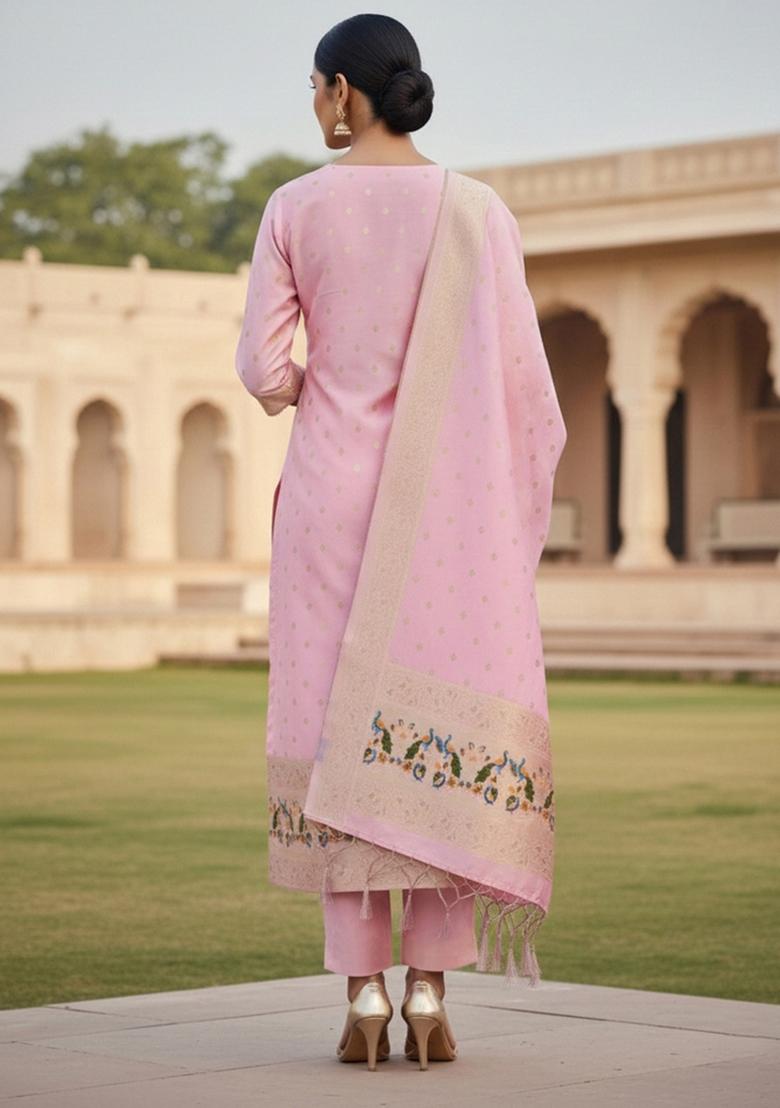 Baby Pink Zari Work Banarasi Silk Dress Material - Indya