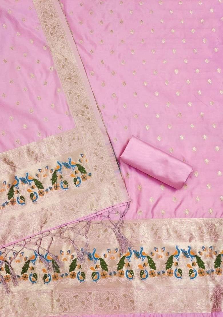 Baby Pink Jacquard Silk Blend Straight Kurta Set - Indya