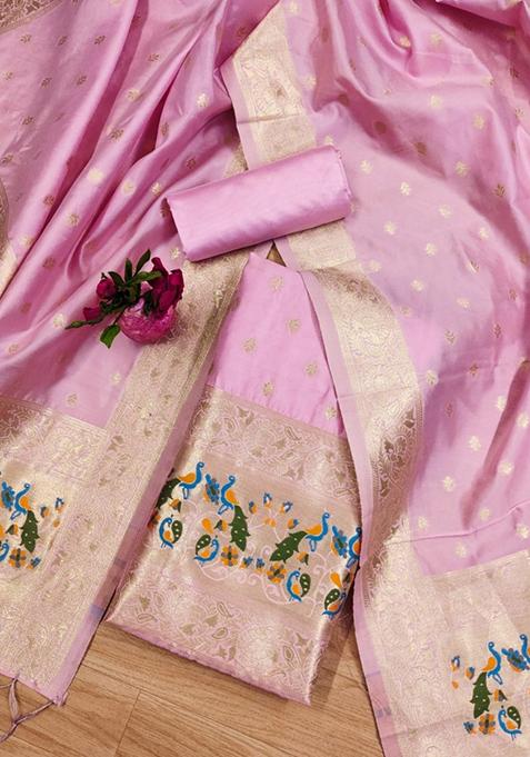 Baby Pink Zari Work Banarasi Silk Dress Material