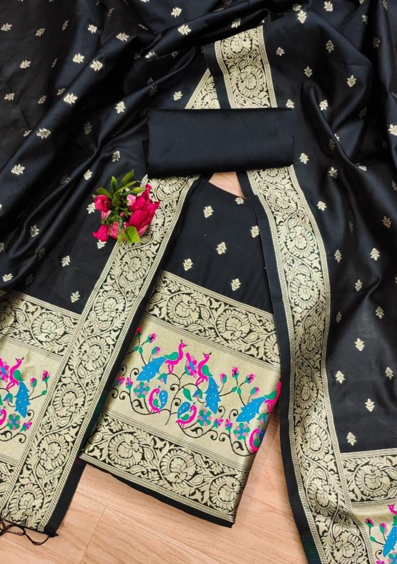 Black Zari Work Banarasi Silk Dress Material
