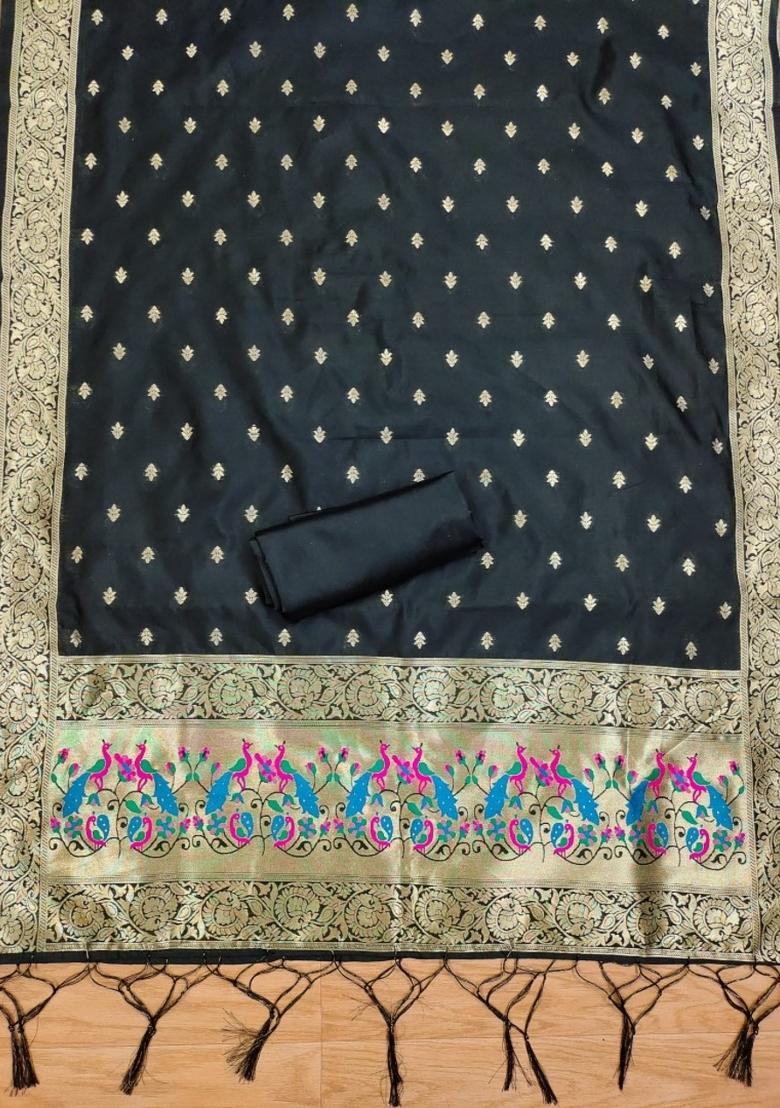 Black Zari Work Banarasi Silk Dress Material